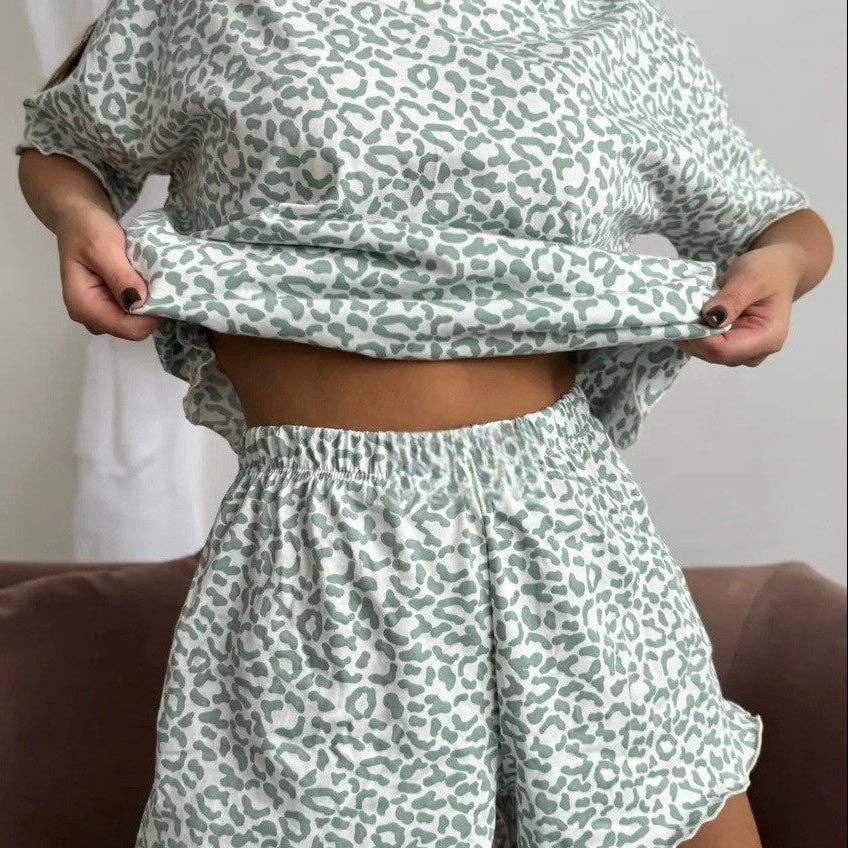 Leopard Print Pajama Set Ruffle Trim Shorts Loungewear: Gray Leopard Print / 95%Polyester+5%Elastane / 2XL