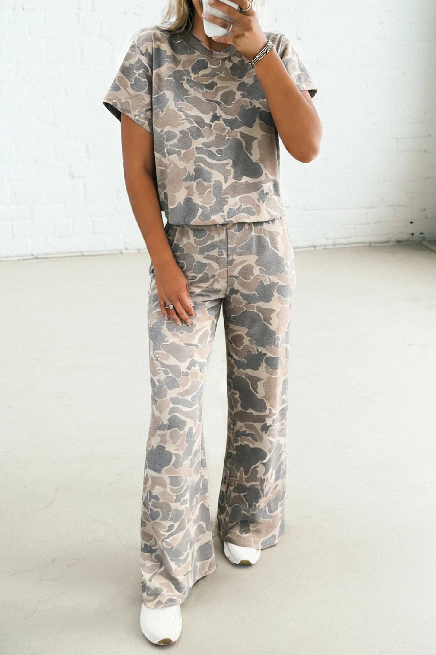 Camo Print Tee and Wide Leg Pants Two Piece Set: Multicolour / 95%Polyester+5%Elastane / S