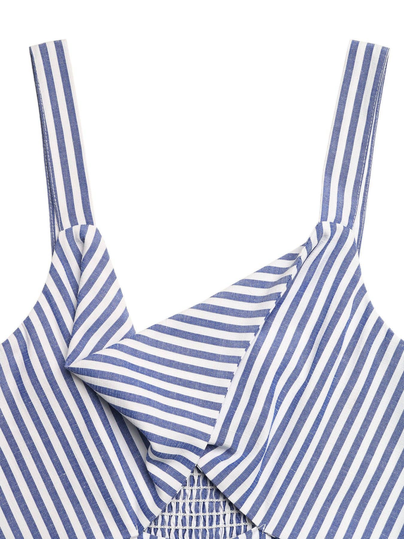 Striped Cutout Wide Leg Jumpsuit V Neck Summer Outfit: Blue / 50% Cotton + 50% Polyester / S