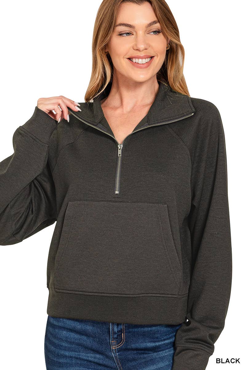 Scuba Half Zip Pullover With Kangaroo Pocket Zenana: H GREY-190578 / L