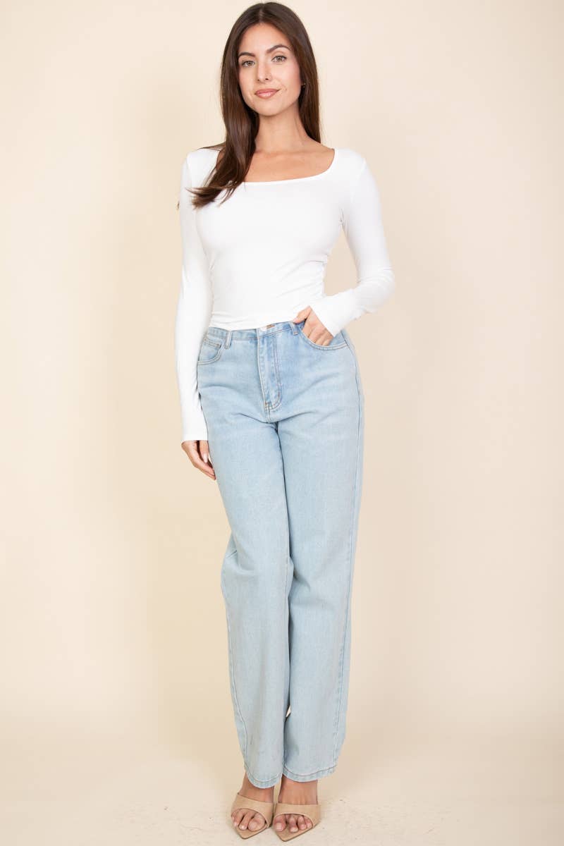 Square Neck Long Sleeve Top: BLACK / S