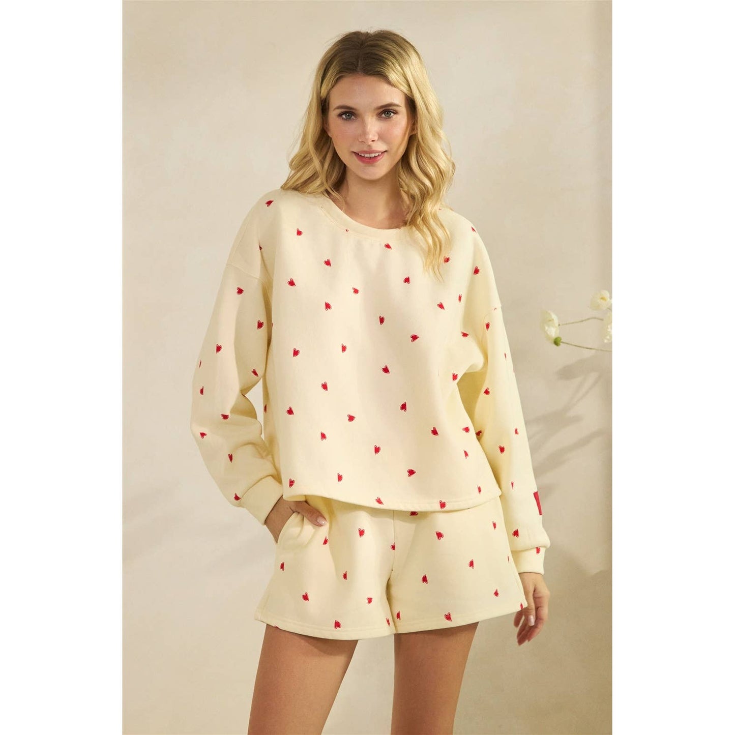 Printed Lounge Crewneck Sweatshirt: H. Grey/Red Heart / S