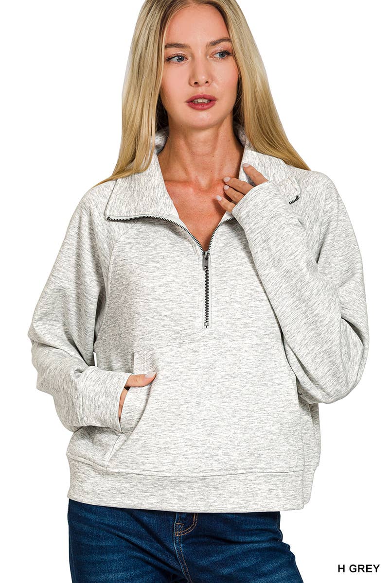 Scuba Half Zip Pullover With Kangaroo Pocket Zenana: CHOCOLATE-202375 / M
