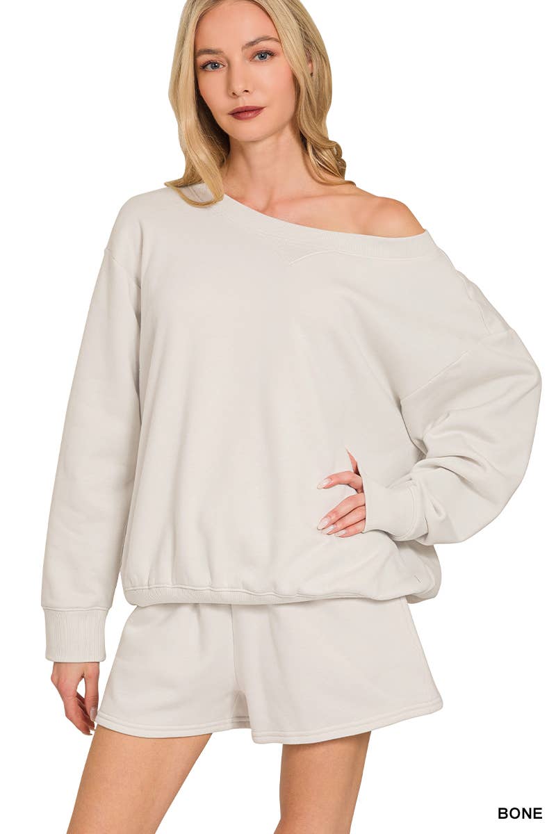 Fleece Sweatshirts & Drawstring Shorts 2pc Set Zenana: ASH MOCHA-186261 / L