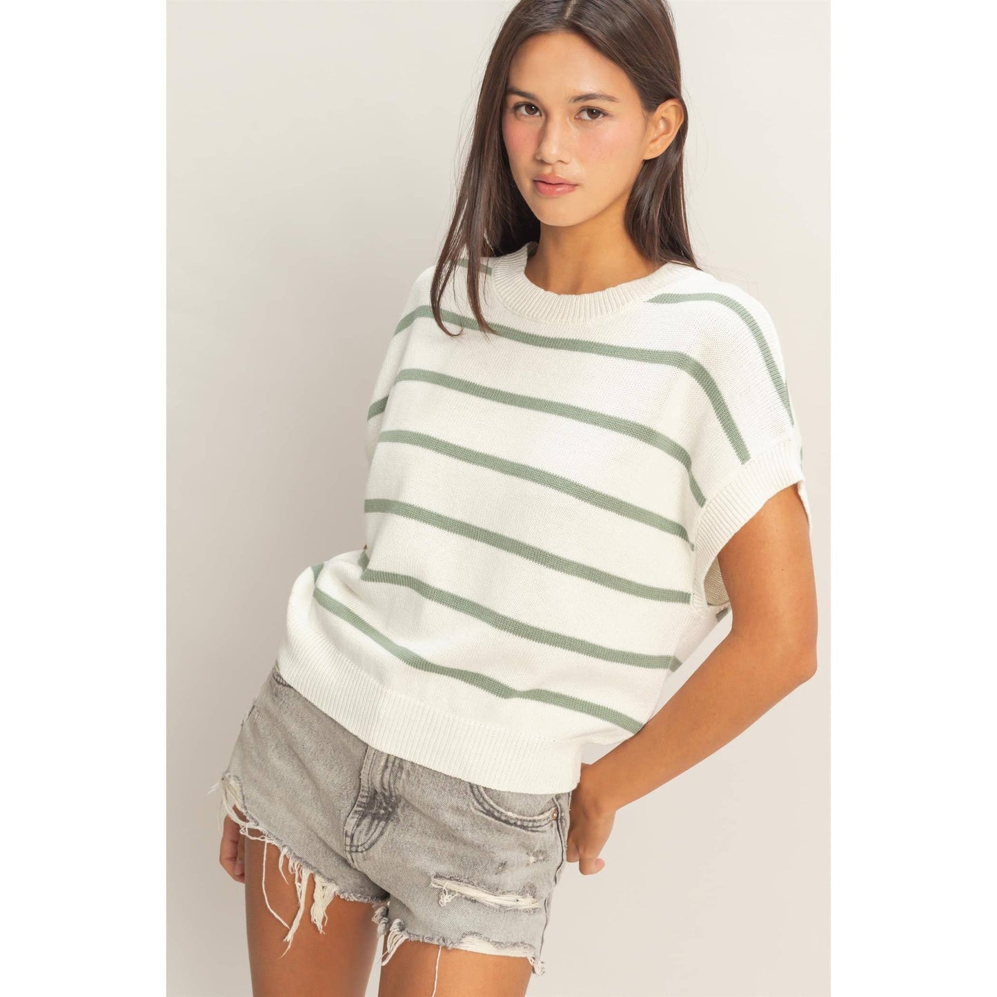 Striped Crew Neck Knit Top: BLACK / S-M-L(2-2-2)
