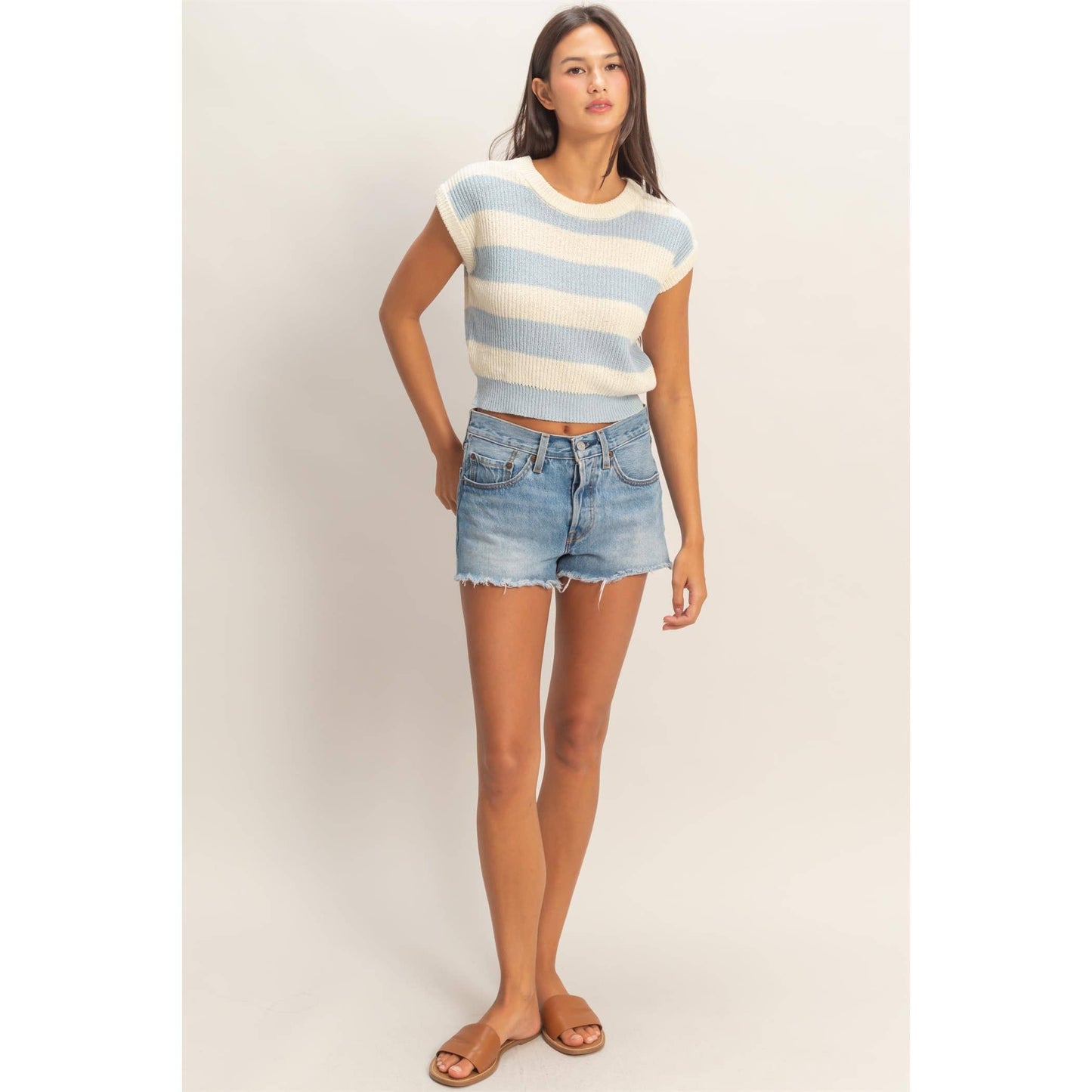 Striped Ribbed Knit Top: TAUPE / S-M-L(2-2-2)
