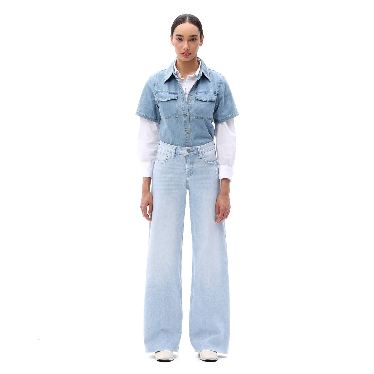 Mid Rise Wide Leg Jeans Raw Hem Vintage Distressed OSW8019: VINTAGE BLUE / 26