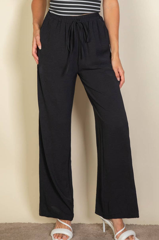 Drawstring waist wide leg minimalist pants: Black / S