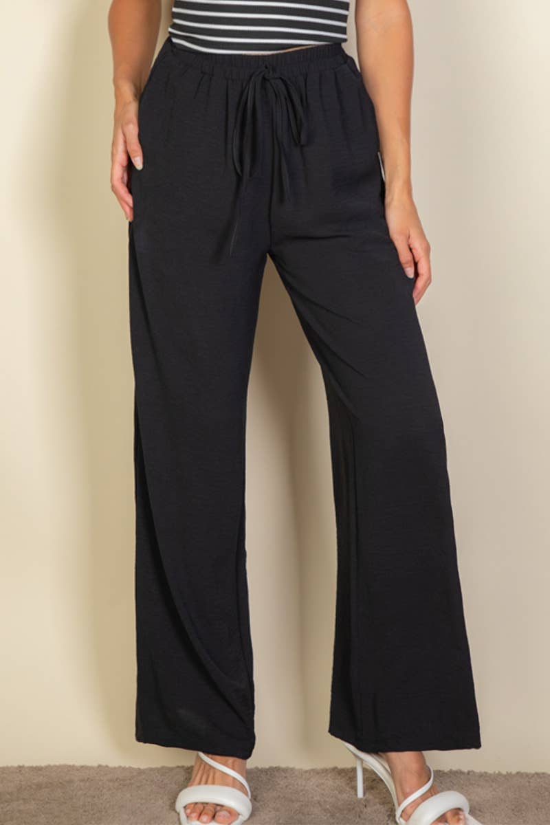 Drawstring waist wide leg minimalist pants: Black / M