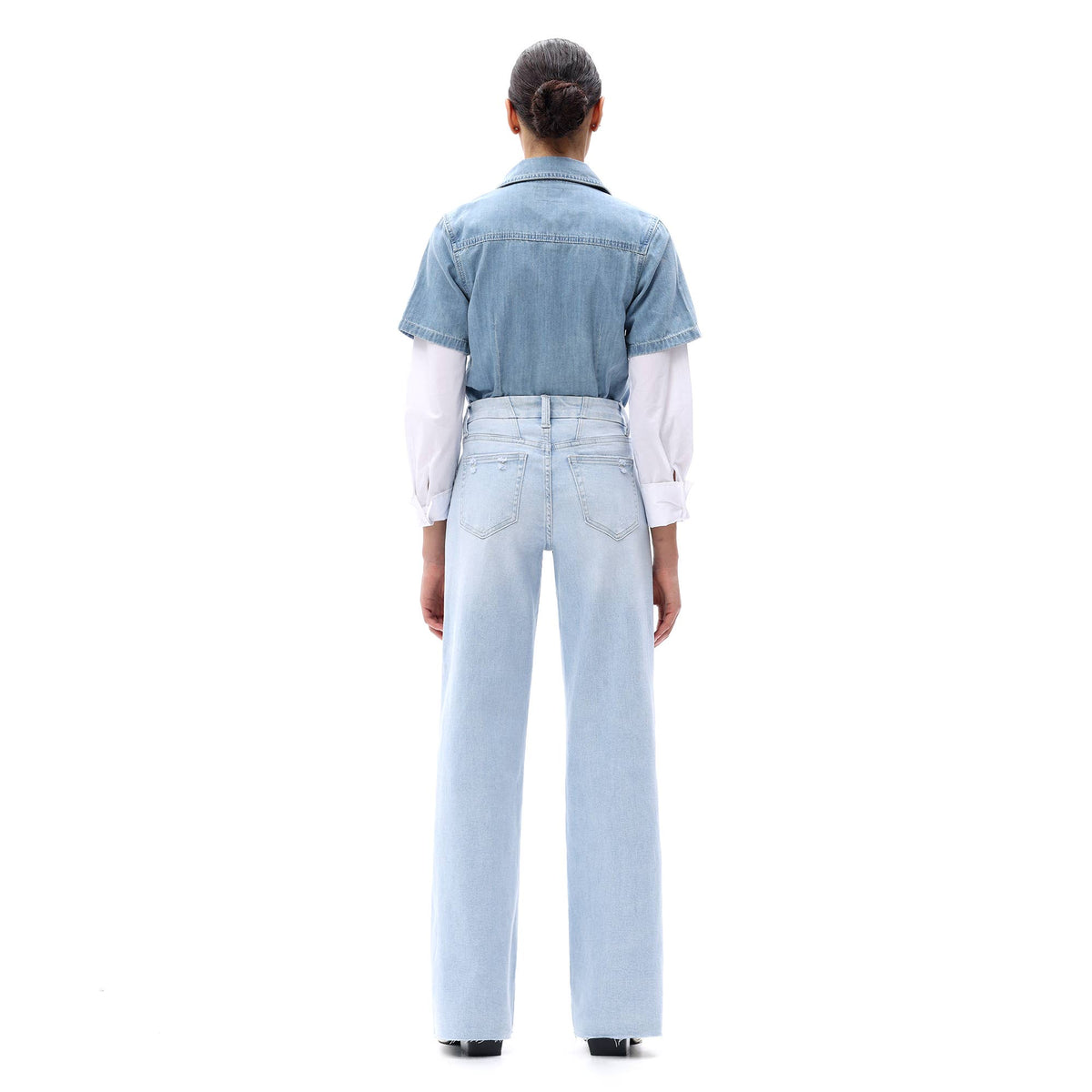 Mid Rise Wide Leg Jeans Raw Hem Vintage Distressed OSW8019: VINTAGE BLUE / 30