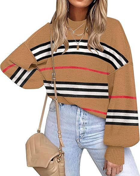 Retro Cozy Multi Striped Lantern Sleeves Knit Sweater: Camel / M