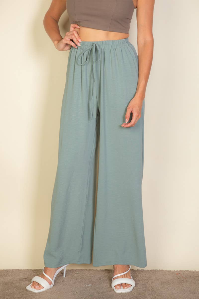 Drawstring waist wide leg minimalist pants: Black / S