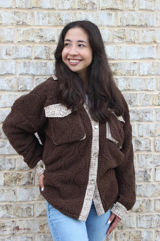 SKT2391 Myrtle Sherpa/Tweed Shacket: Brown / 2XL/3XL