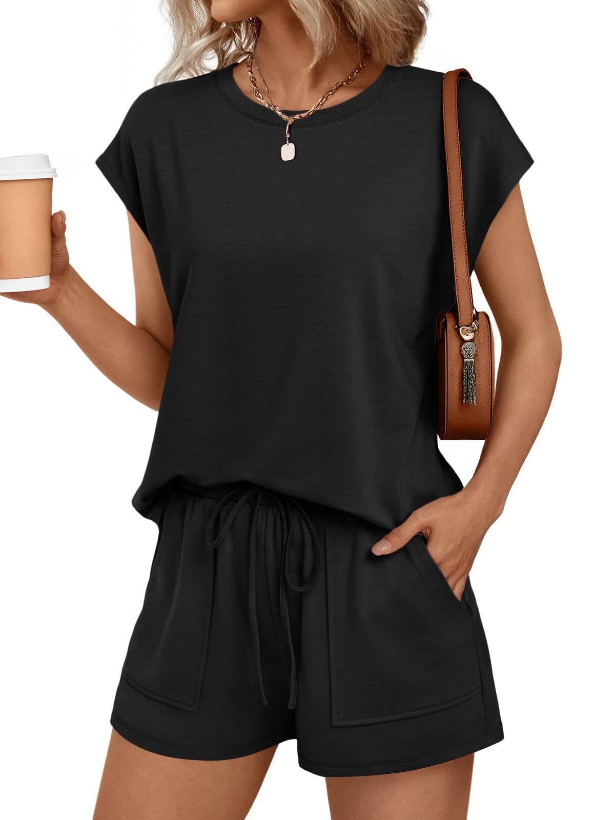 Casual Lounge Set Cap Sleeve Top Drawstring Shorts: Black / 65%Polyester+30%Viscose+5%Elastane / XL