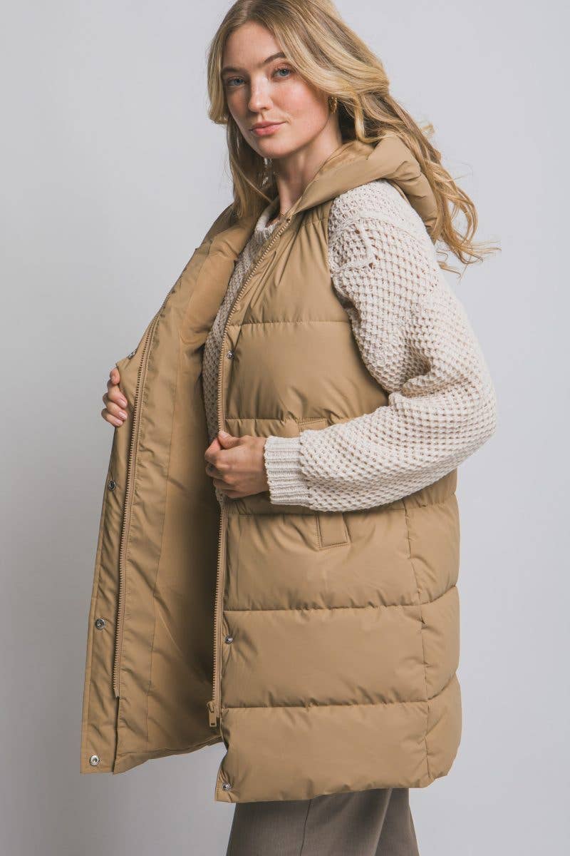 Hooded Long Quilted Puffer Vest: OLIVE / 2-2-2(S-M-L)