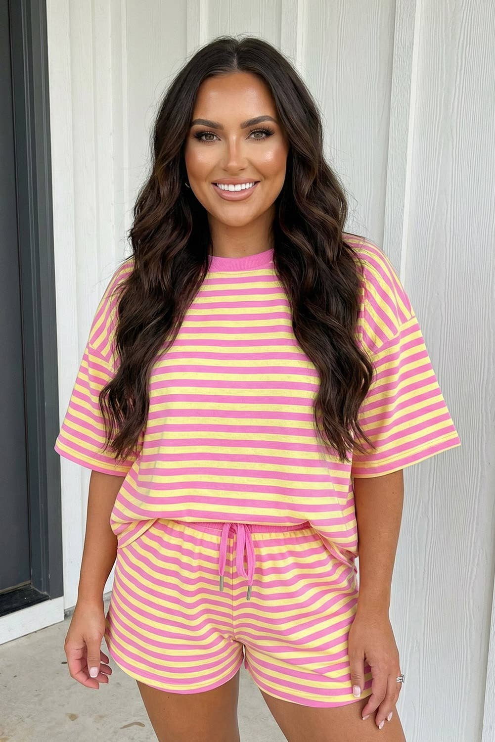 LAS Stripe Contrast Trim Boxy Terry Short Set (S-XL): Rose Stripe / Missy / L