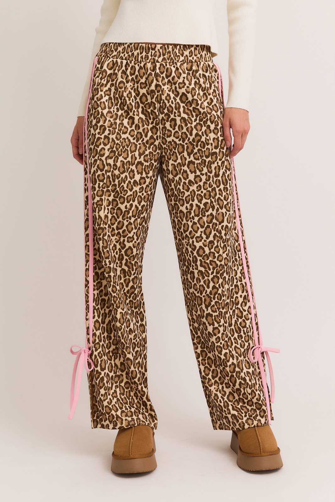BOW DETAIL TRACK PANTS: TAUPE ANIMAL / M