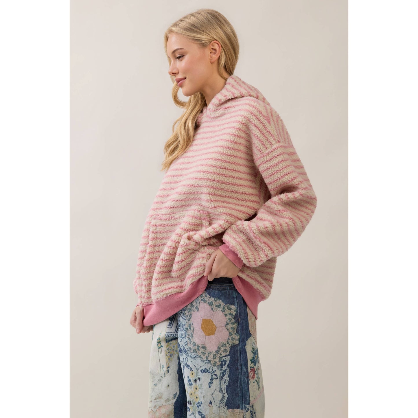 Teddy Striped Contrast Cozy Hoodie: Brown / M