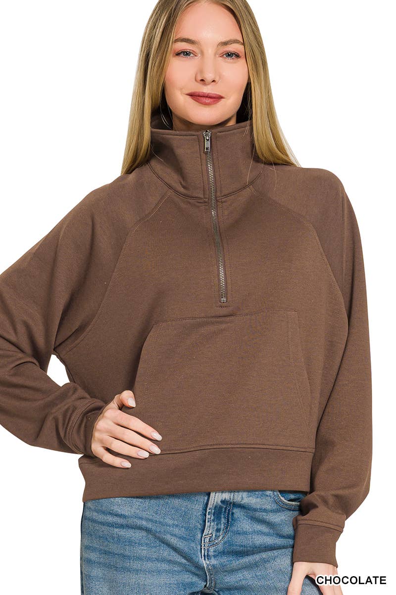 Scuba Half Zip Pullover With Kangaroo Pocket Zenana: H GREY-190578 / M