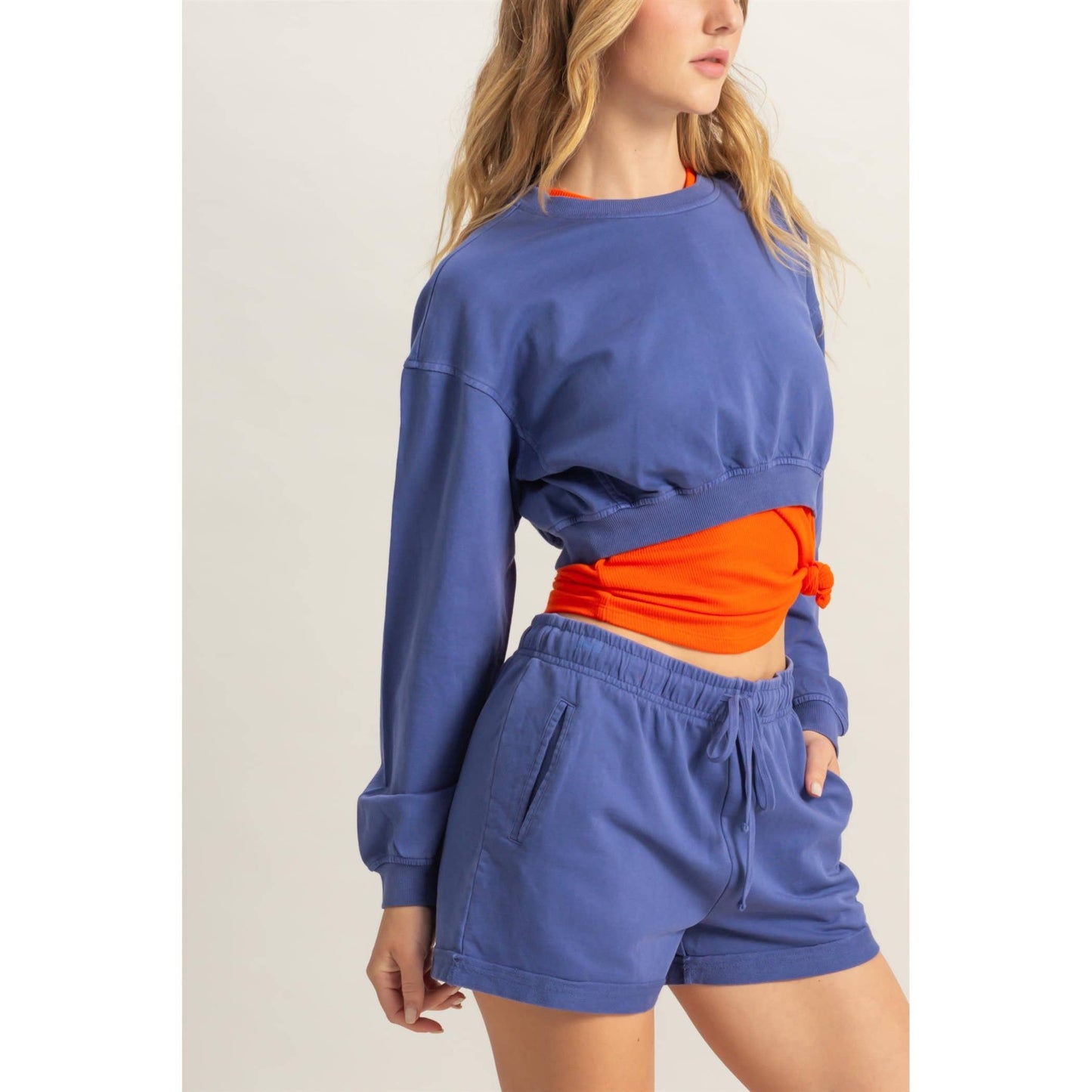 Crew Neck Long Sleeve Crop Sweatshirt: TURQUOISE / S-M-L(2-2-2)