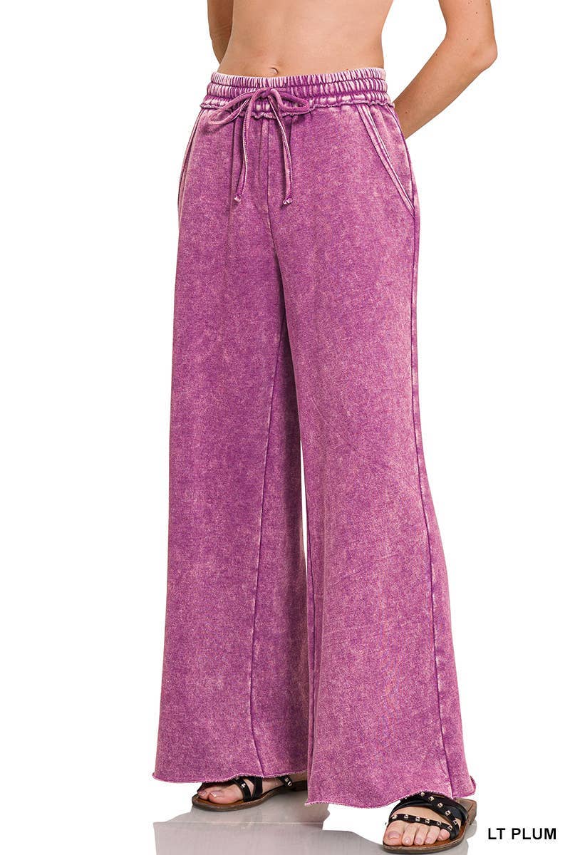 Acid Wash Fleece Palazzo Sweatpants With Pockets: BLACK / 2-2-2 (S-M-L)