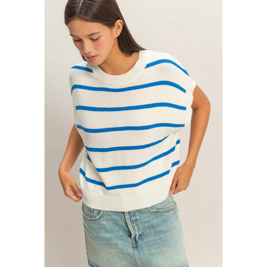 Striped Crew Neck Knit Top: BLUE / S-M-L(2-2-2)