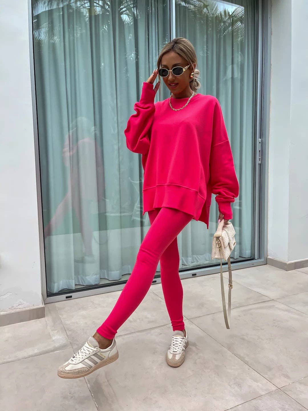 Oversized Sweatshirt and Leggings Two Piece Set: Blue / 100%Polyester / L