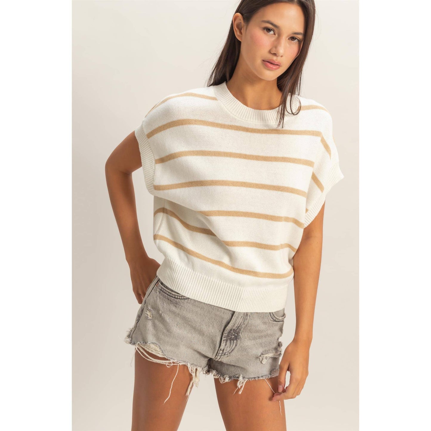Striped Crew Neck Knit Top: BLUE / S-M-L(2-2-2)