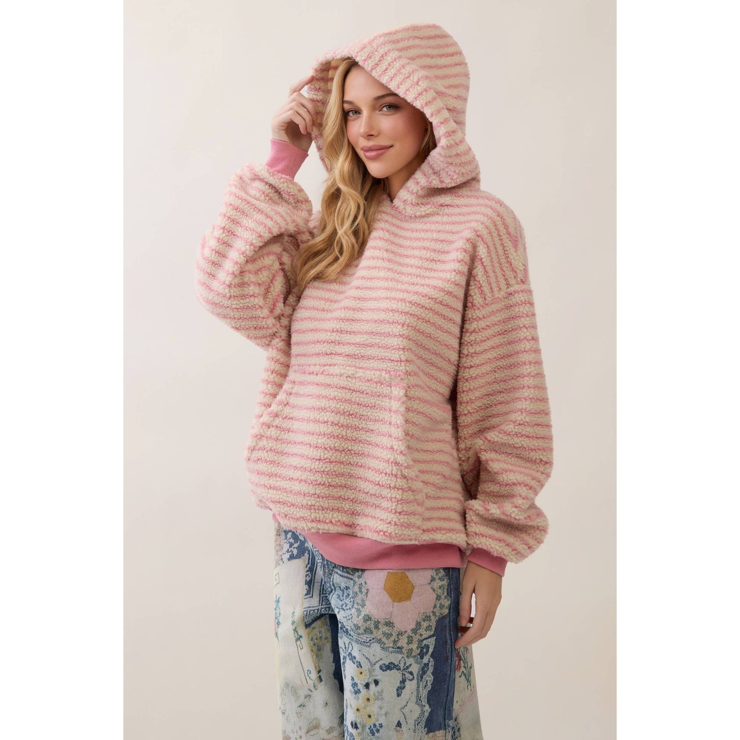 Teddy Striped Contrast Cozy Hoodie: Brown / S