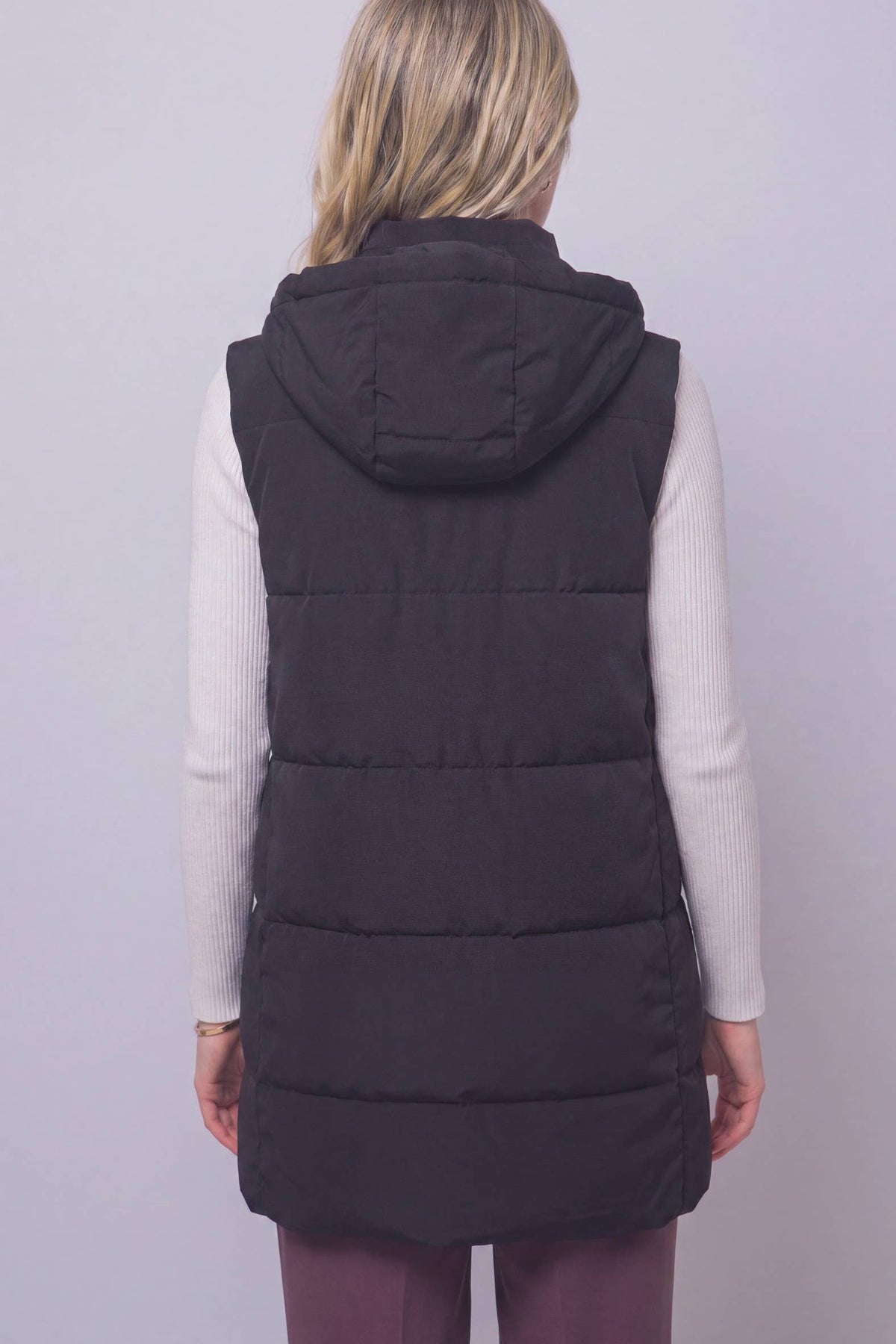 Long Hooded Puffer Vest: BLACK / 2-2-2(S-M-L)