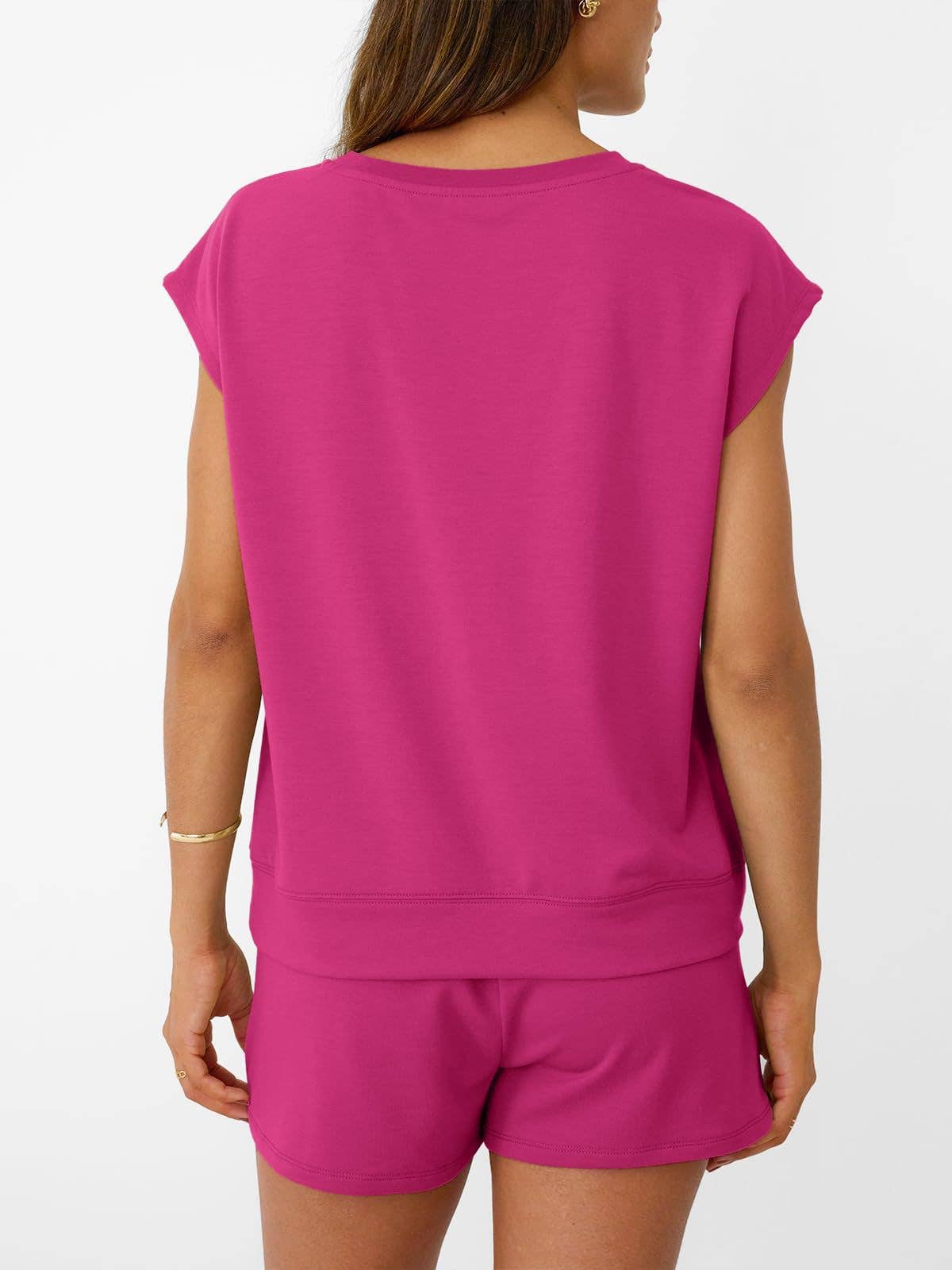 Casual Lounge Set Cap Sleeve Top Drawstring Shorts: Black / 65%Polyester+30%Viscose+5%Elastane / XL