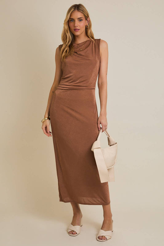 COWL NECK SLEEVELESS MAXI DRESS: Latte / M