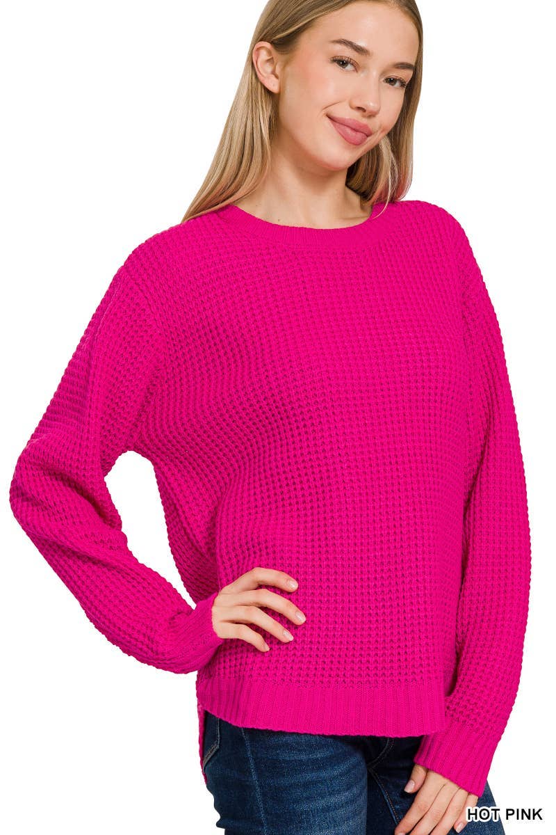 Hi-low Long Sleeve Round Neck Waffle Sweater: TURQUOISE / 1-1-1-1 (S-M-L-XL)