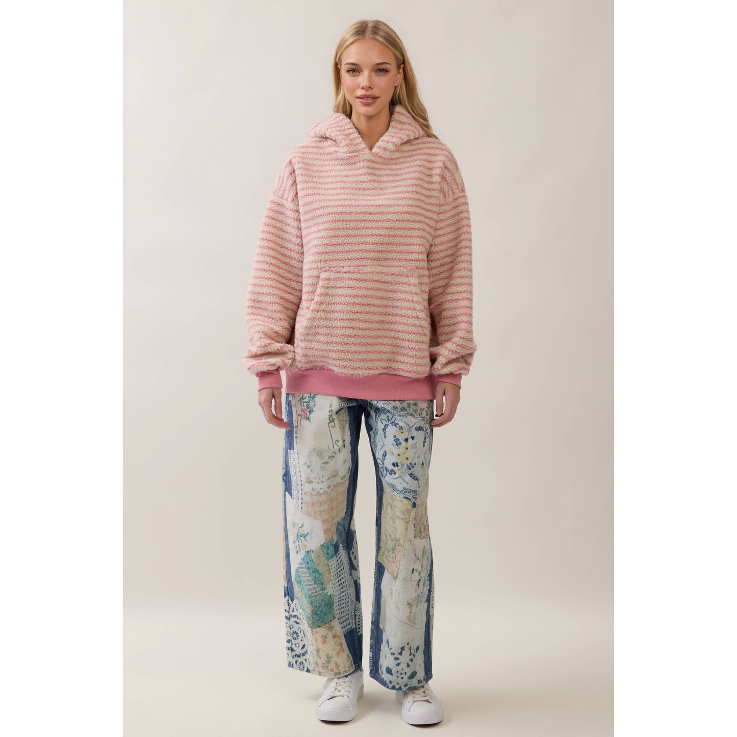 Teddy Striped Contrast Cozy Hoodie: Brown / S