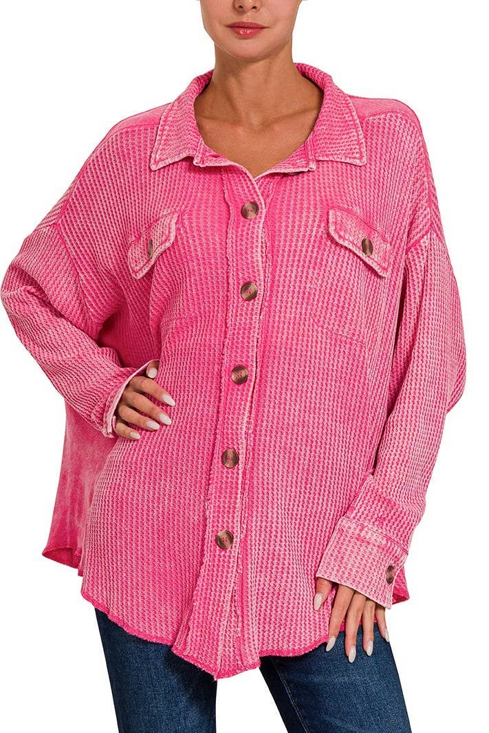Acid Wash Oversized Cotton Waffle Shacket: DEEP SKY / 3-3 (S/M-L/XL)
