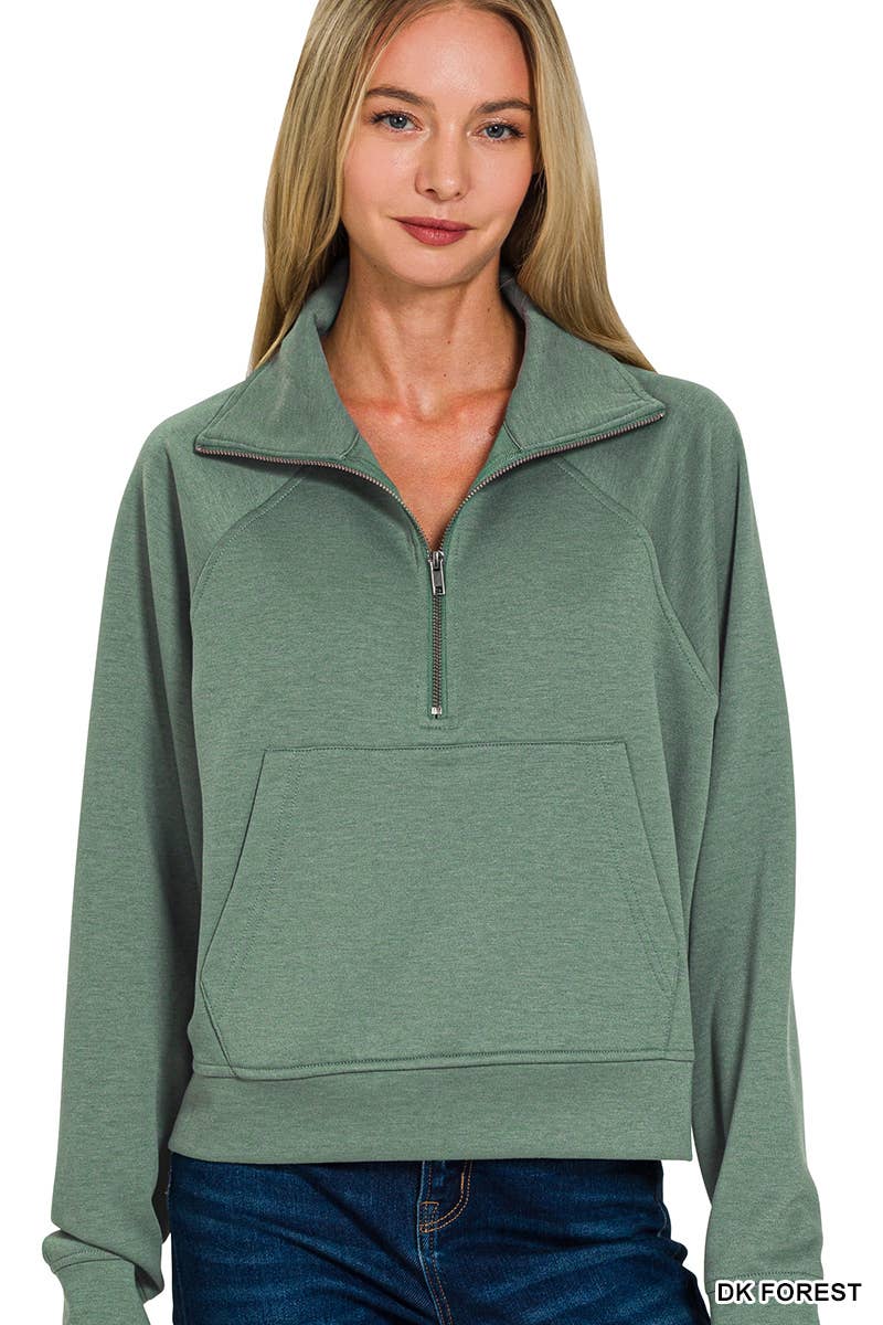 Scuba Half Zip Pullover With Kangaroo Pocket Zenana: H VANILLA-190580 / M