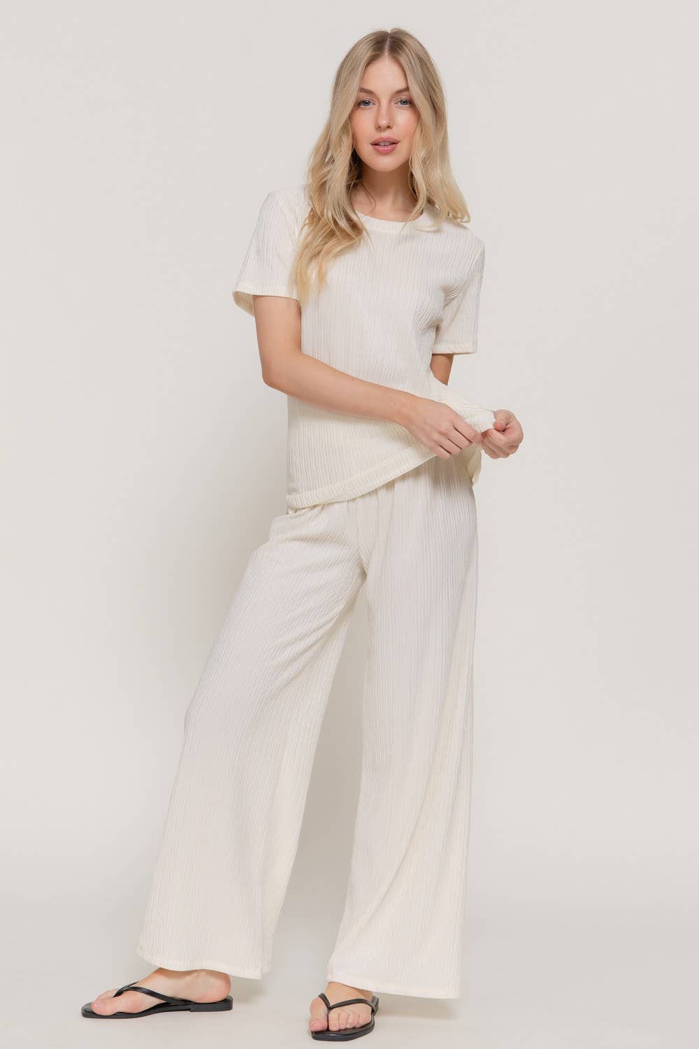 0504 Crinkle Knit Top & Pants 2pc Set SI-29441: Blk-Black-194657 / S