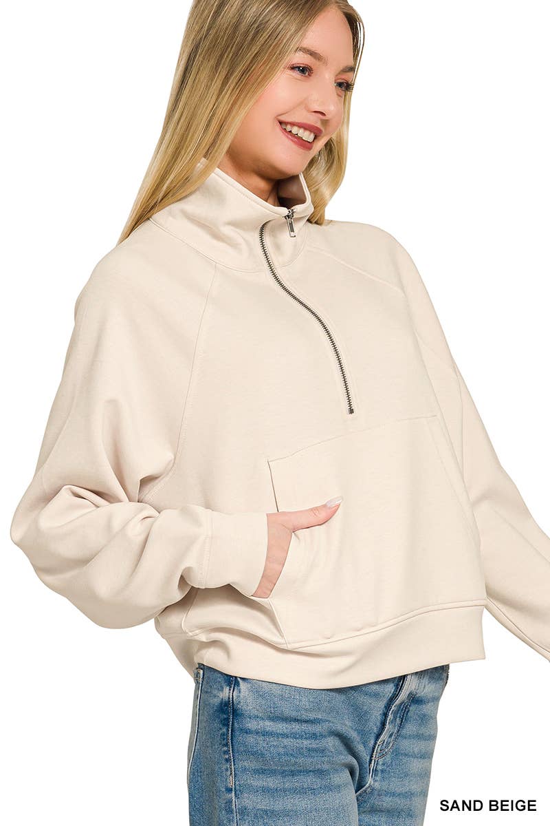 Scuba Half Zip Pullover With Kangaroo Pocket Zenana: CABERNET-202374 / L