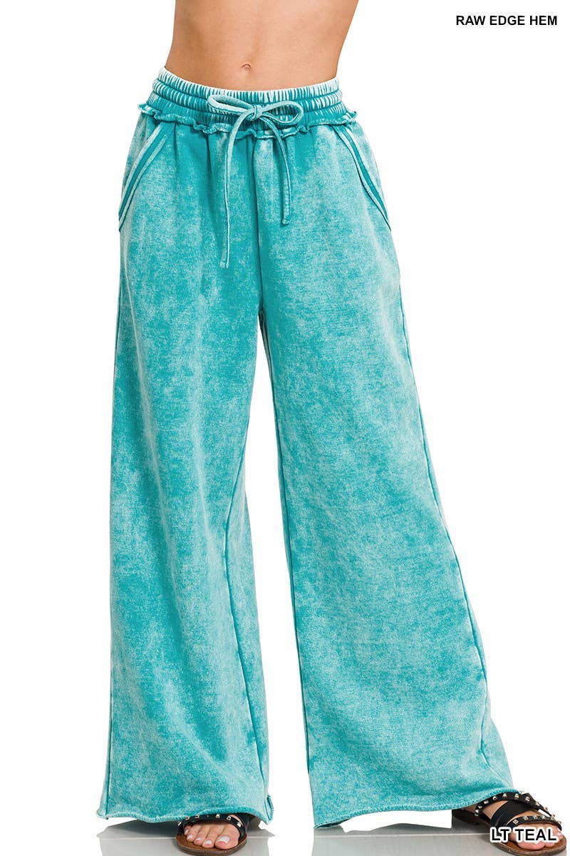 Acid Wash Fleece Palazzo Sweatpants With Pockets: BLACK / 2-2-2 (S-M-L)