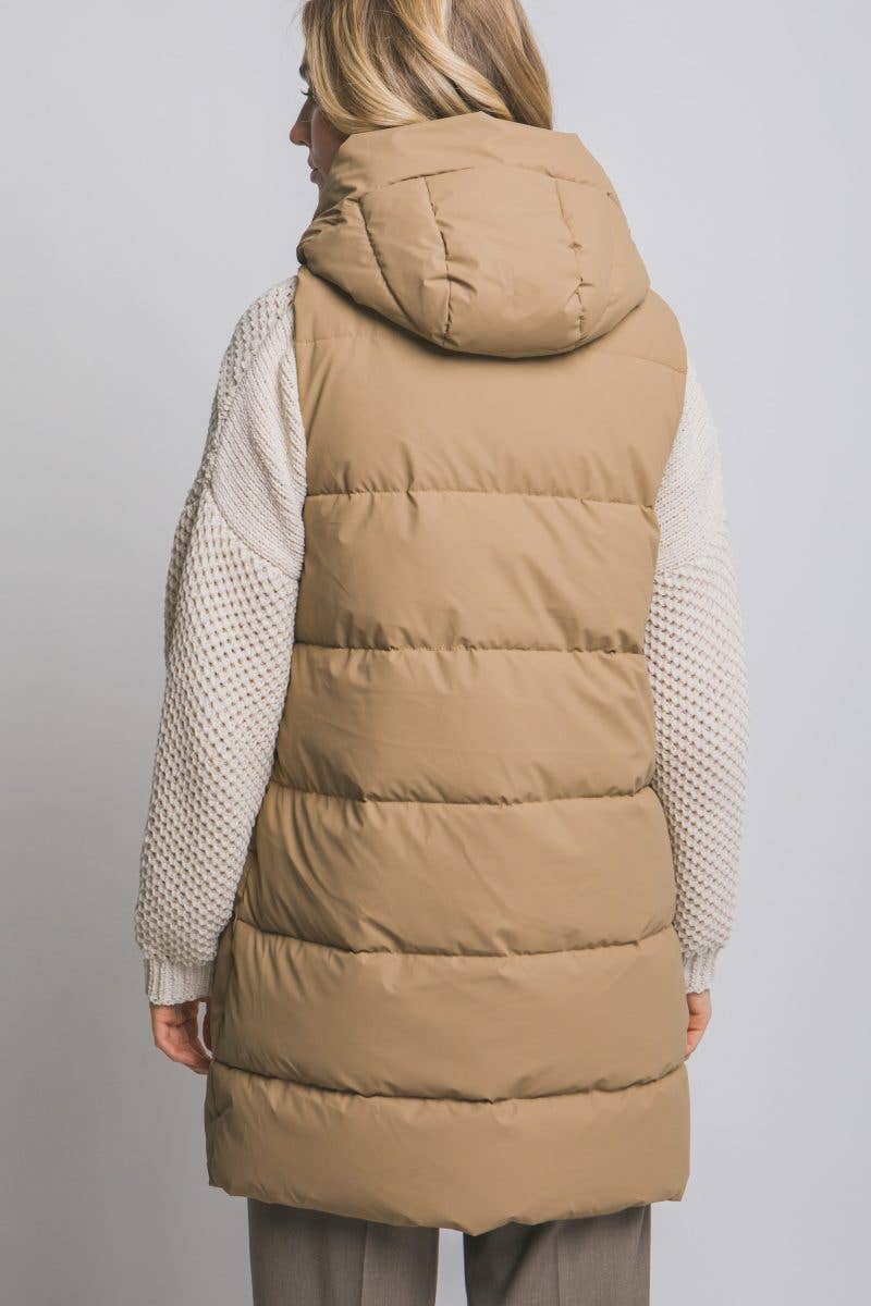 Hooded Long Quilted Puffer Vest: OLIVE / 2-2-2(S-M-L)