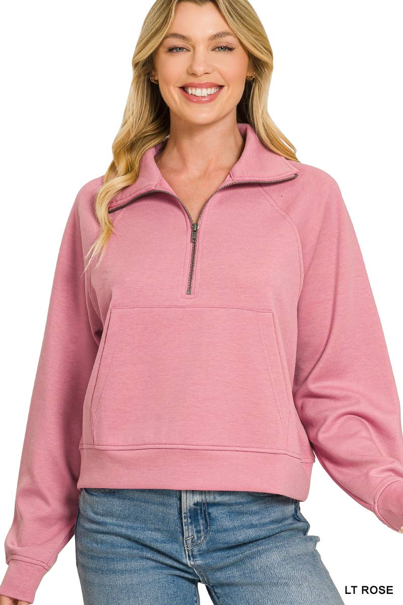 Scuba Half Zip Pullover With Kangaroo Pocket Zenana: CHOCOLATE-202375 / L