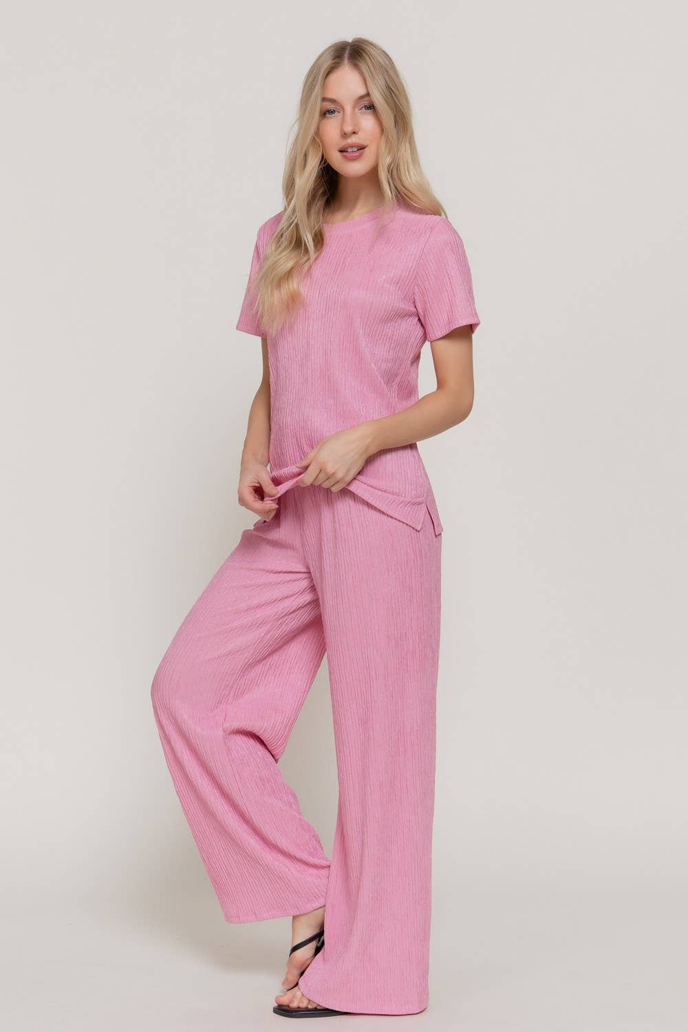 0504 Crinkle Knit Top & Pants 2pc Set SI-29441: Blk-Black-194657 / S