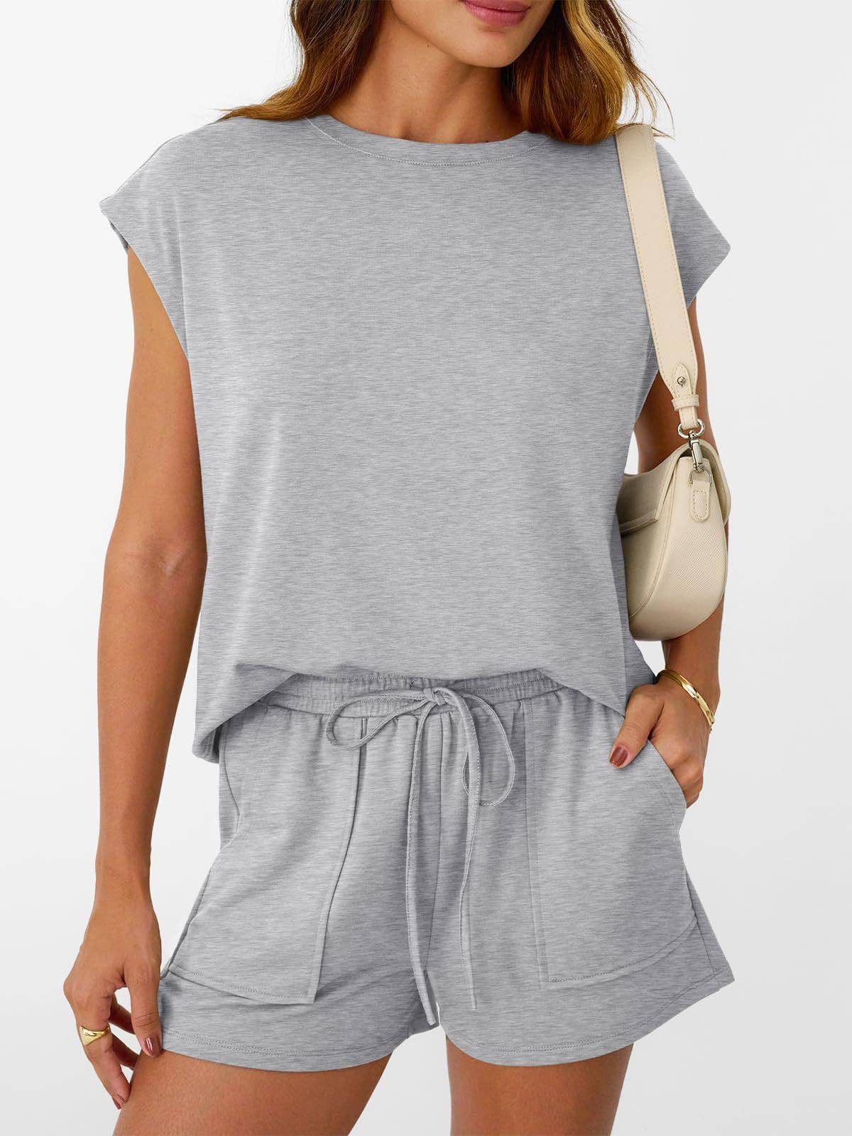 Casual Lounge Set Cap Sleeve Top Drawstring Shorts: Black / 65%Polyester+30%Viscose+5%Elastane / M