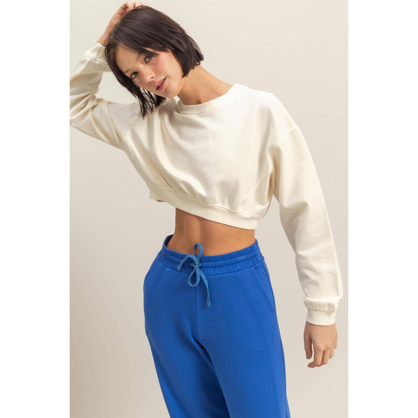 Crew Neck Long Sleeve Crop Sweatshirt: WISTERIA / S-M-L(2-2-2)