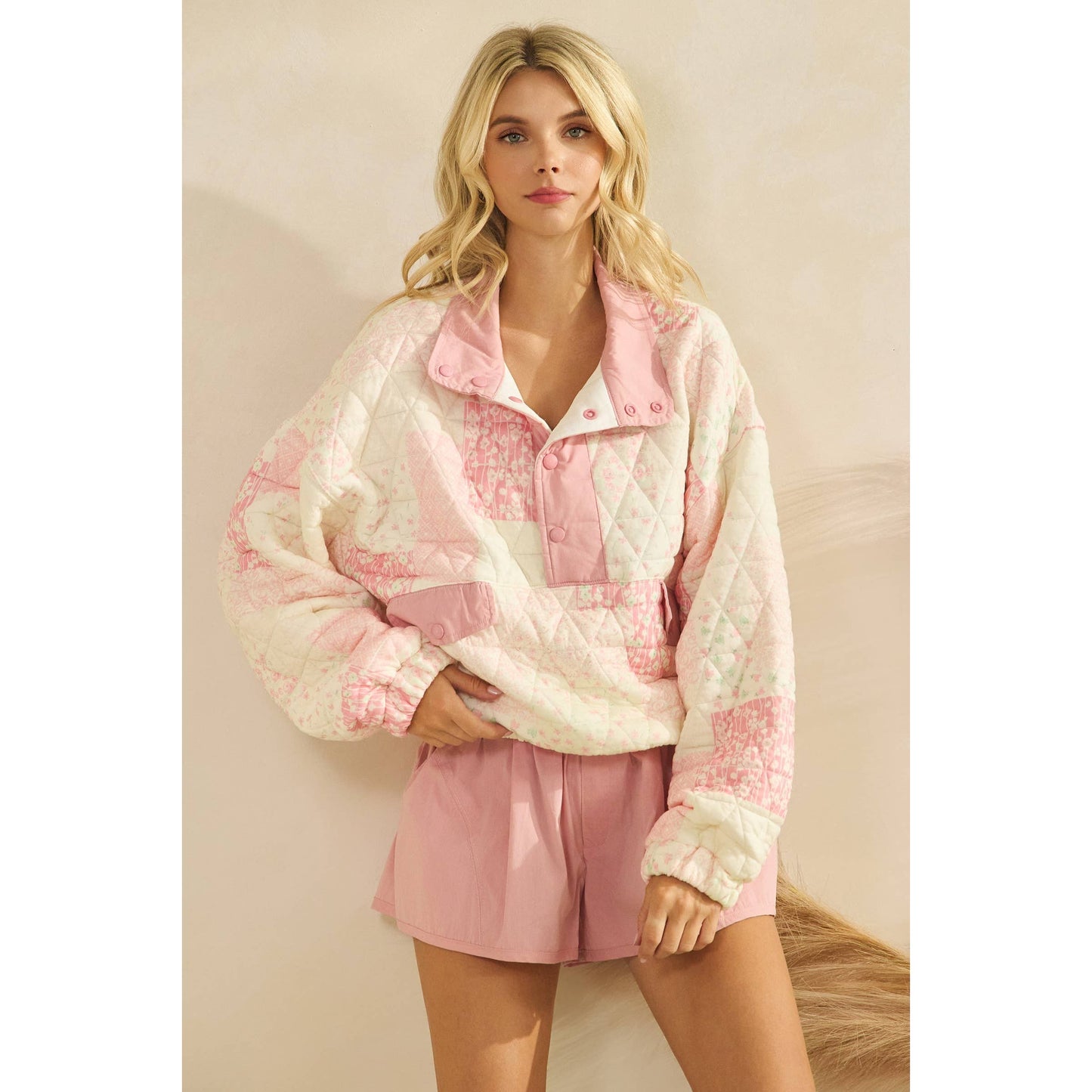 Textured Contrast printed Quarterzip Sweater: Pink Combo / L