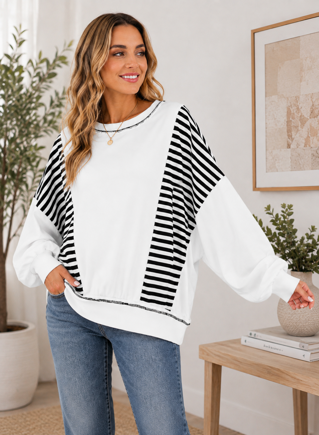 Oversized Stripe Colorblock Sweatshirt: S