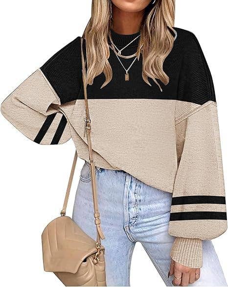 Retro Cozy Multi Striped Lantern Sleeves Knit Sweater: Camel / 2XL