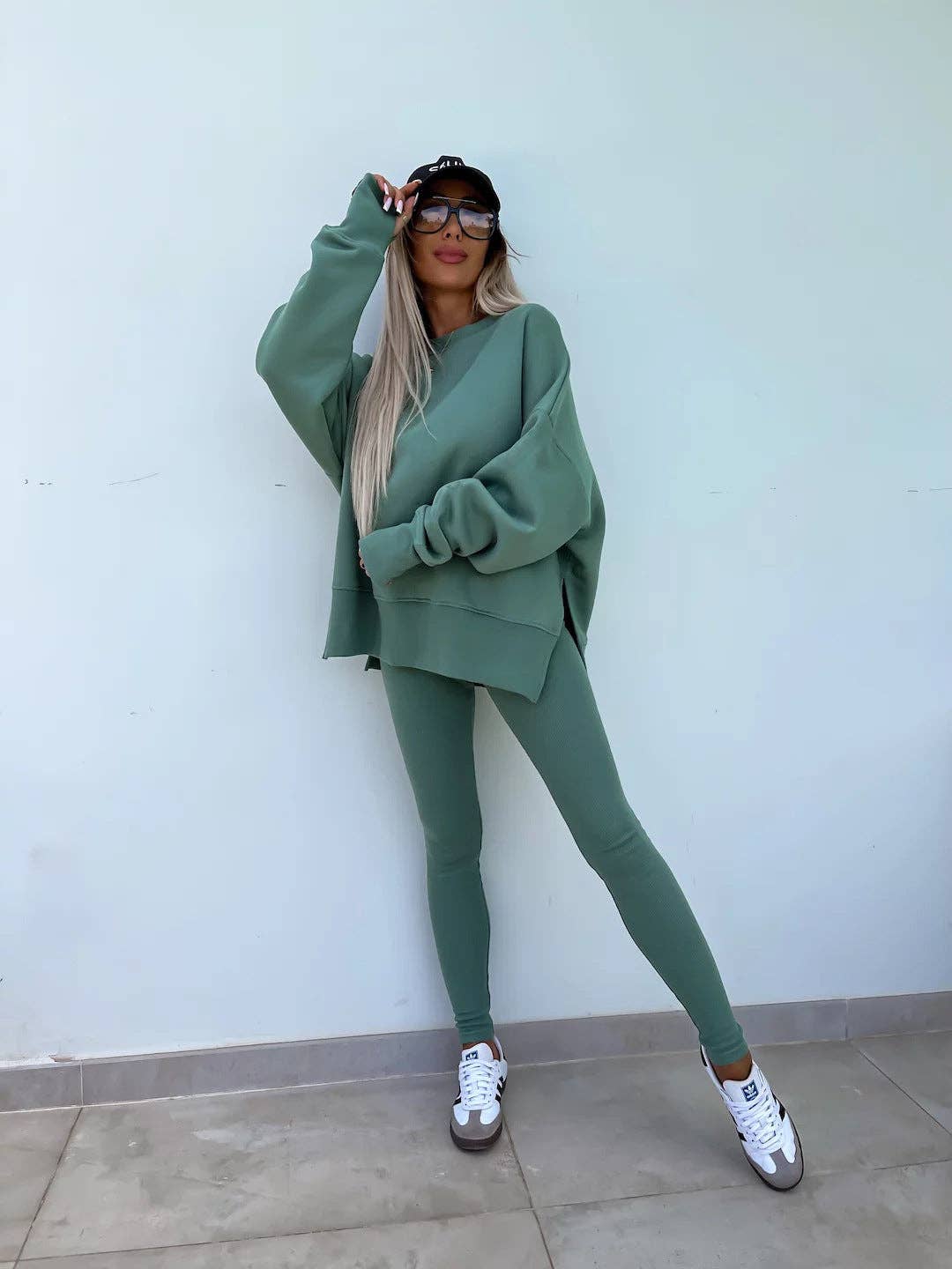 Oversized Sweatshirt and Leggings Two Piece Set: Blue / 100%Polyester / L