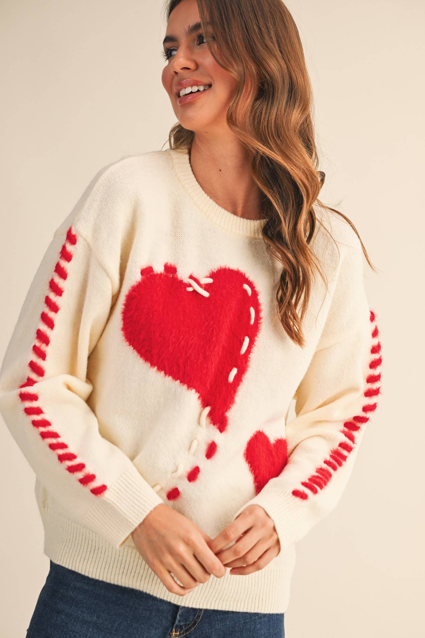 FUZZY HEART KNIT SWEATER WITH WHIP STITCH MSW10990: Red / S