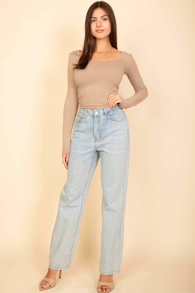 Square Neck Long Sleeve Top: BLACK / S